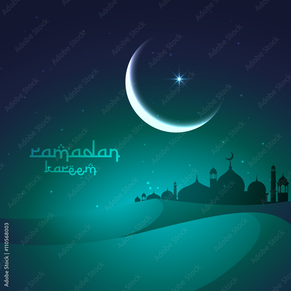 ramadan greeting with sand dunes and mosque