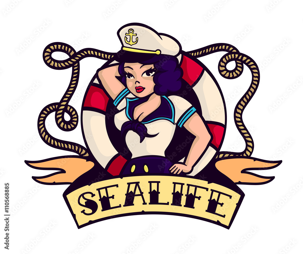 Fototapeta premium Sea life Sexy pinup sailor girl with lifebuoy cartoon vector illustration