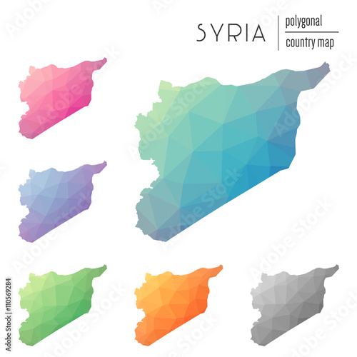 Set of vector polygonal Syrian Arab Republic maps. Bright gradient map of country in low poly style. Multicolored Syrian Arab Republic map in geometric style for your infographics.