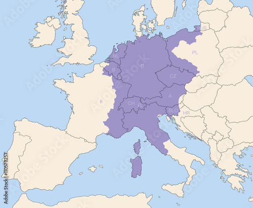 Holy Roman Empire, superpower in europe during the middle ages, at its greatest extent around 1200 AD colored purple - todays states that were partly or wholly included are lettered. 