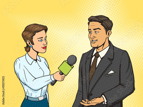 Woman reporter interviewing man comic book vector
