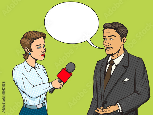 Woman reporter interviewing man comic book vector