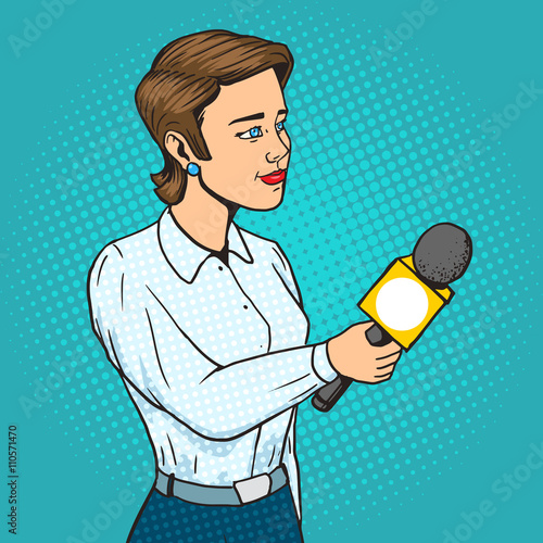 Woman reporter with microphone comic book vector