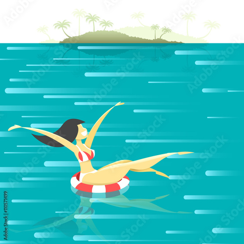 The girl on the high seas . Girl on vacation. Summer vacation concept. Retro poster with a girl floating in the sea. Flat girl at sea. Summer Resort.  © lauritta