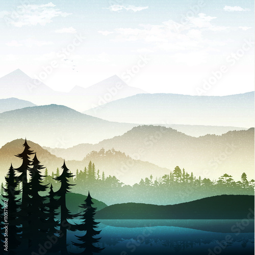 Summer landscape of nature. Nature and landscape. Landscape mountain  forest and lake. Advertising background travel and camping. Mountain forests and rivers.  National Park. Background  gaming .