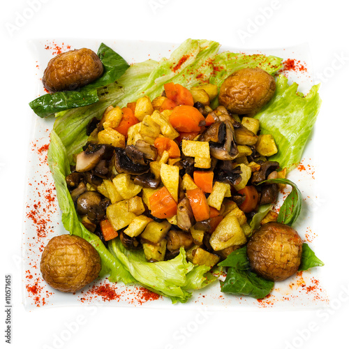 steamed vegetables with mushrooms isolated on white