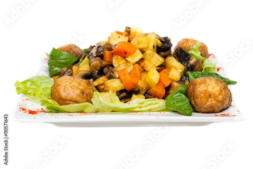 steamed vegetables with mushrooms isolated on white