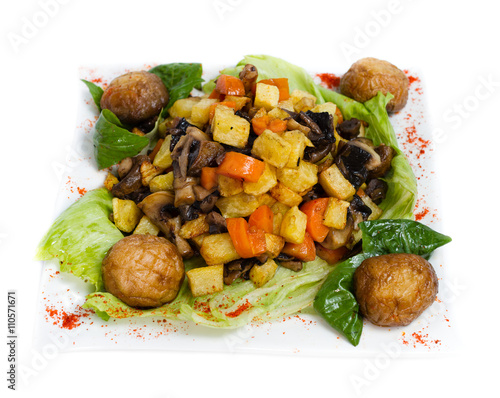 steamed vegetables with mushrooms isolated on white