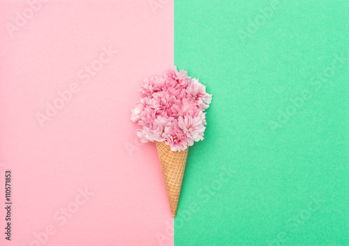 Cherry tree blossom ice cream waffle cone minimal flat lay