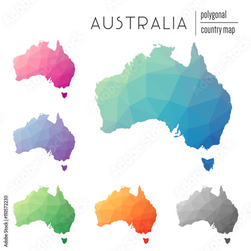 Set of vector polygonal Australia maps. Bright gradient map of the country in low poly style. Multicolored Australia map in geometric style for your infographics.