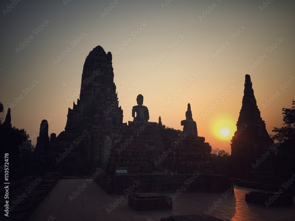 Silhouette Sunset at temple in Ayuthaya 