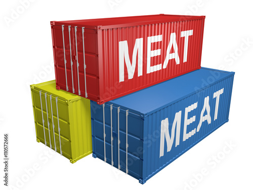 Shipping import and export containers labeled for meat, 3D rendering