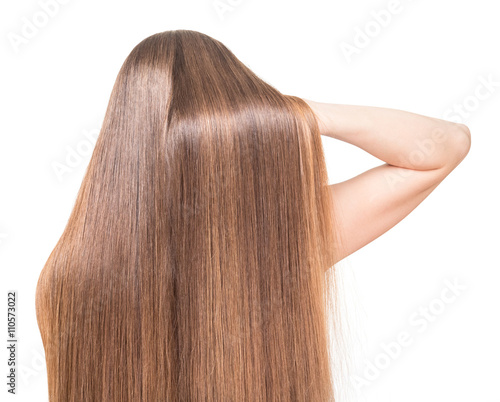 girl with long straight hair raises of his hand on white