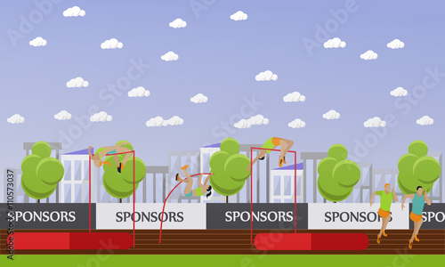 Sport of athletics concept vector illustration. Track and field competition games. Sportsman running, jumping, throwing.
