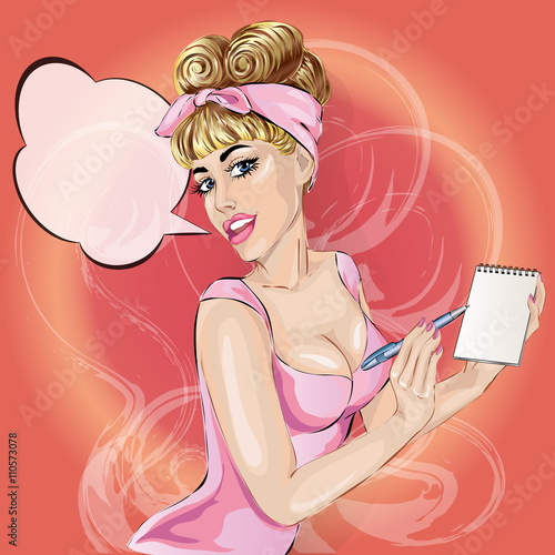 Pin-up waitress in cafe accept the order