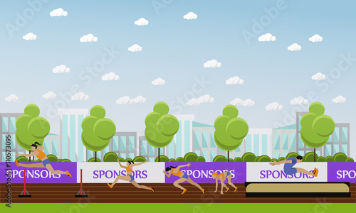 Sport of athletics concept vector illustration. Track and field competition games. Sportsman running, jumping, throwing. 