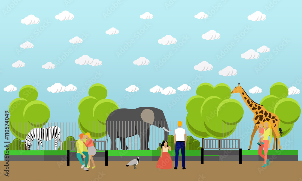 Zoo concept banner. People visiting zoopark with family and kids. Animals Vector illustration in flat style design.