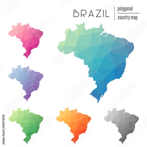 Set of vector polygonal Brazil maps. Bright gradient map of country in low poly style. Multicolored Brazil map in geometric style for your infographics.