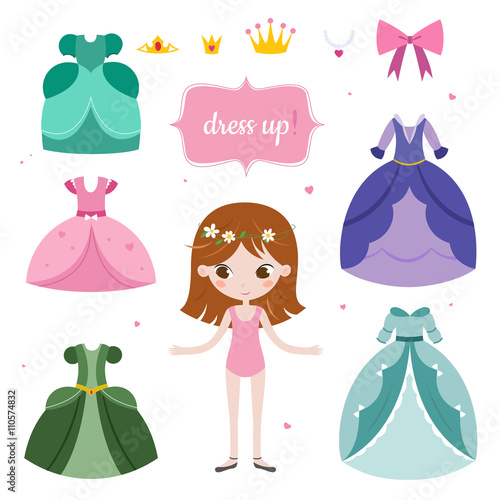 Illustration of princess with beautiful set. Princess dress up game.