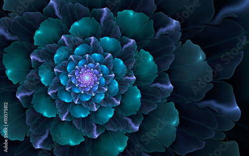 Abstract fractal, glossy blue-cyan decorative flower bloom on dark background