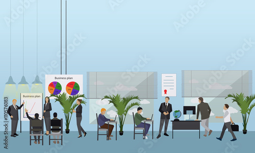 Flat design of business people or workers. Office interior. Presentations and meetings