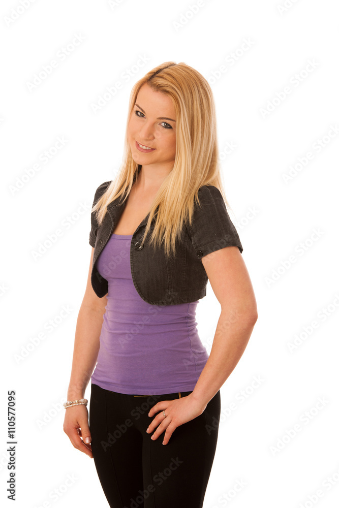 Cute blonde woman standing in casual dress isolated over white b Cute blonde woman standing in casual dress isolated over white b