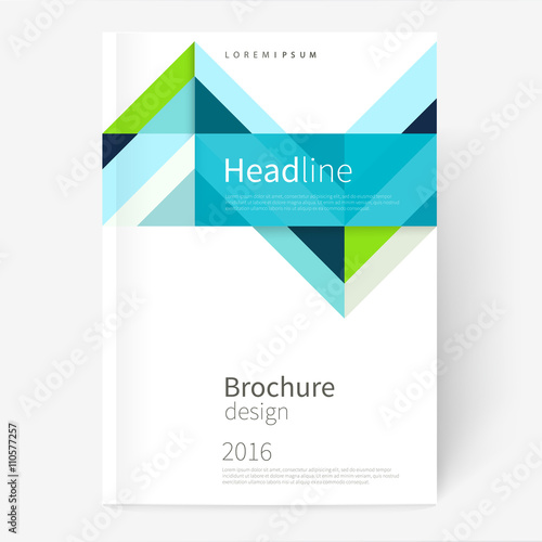 Vector Brochure, leaflet, flyer, cover template. Modern Geometric Abstract background blue & green diagonal lines & triangles. minimalistic design creative concept