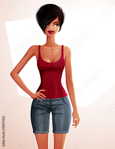 Young pretty tanned lady holding her hand on a waist. Vector