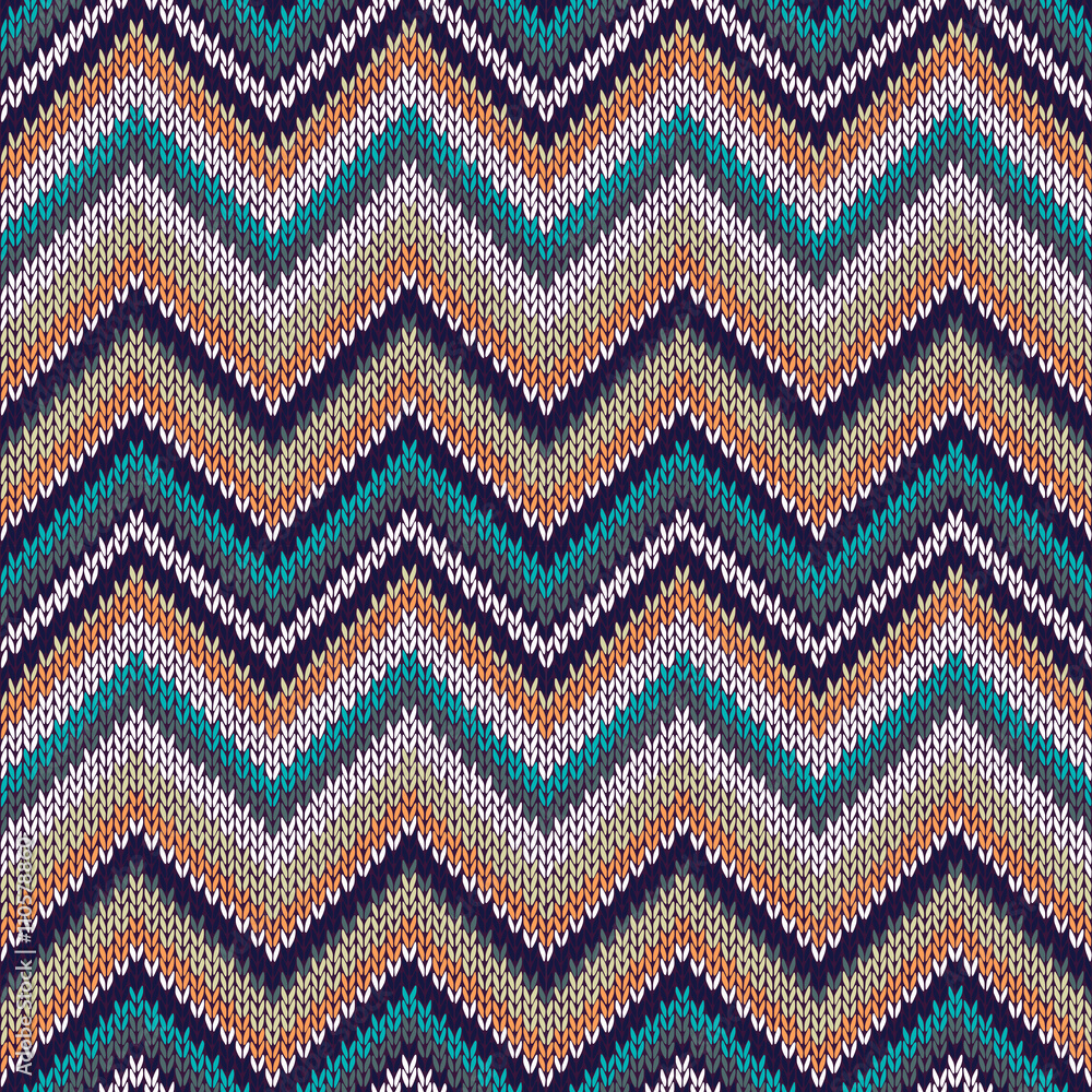 Knit Vector Seamless Pattern. Fashion Blue Green Orange White Gray Yellow Color Swatch.