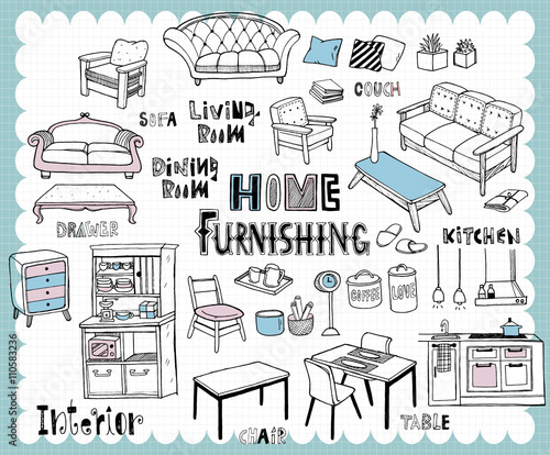 Hand drawn home furnishing set-Dining room and Living room