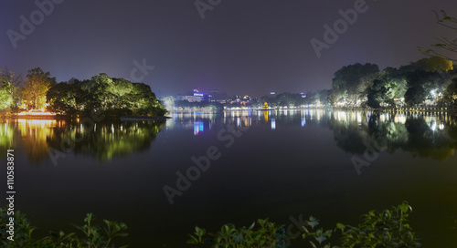 lake hoan kiem at hanoi city night view with lighting