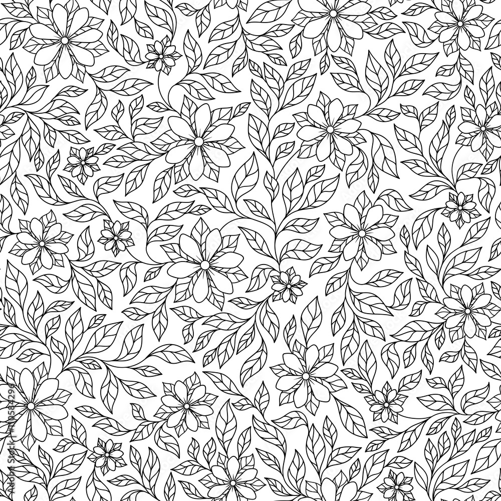 Fototapeta premium Vector Seamless Monochrome Floral Pattern.