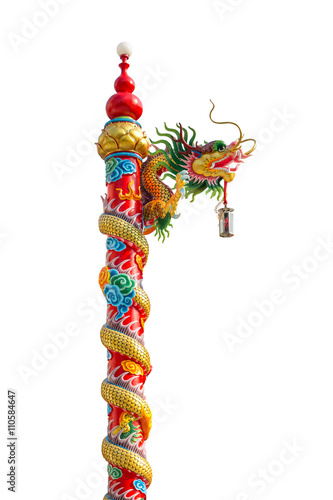 Chinese golden dragon wrapped around red pole, Chinese-style bui