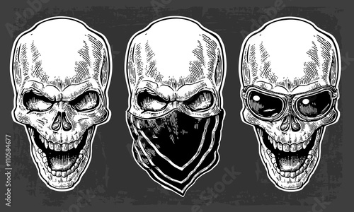 Skull smiling with bandana and glasses for motorcycle. Black vintage vector illustration. For poster and tattoo biker club. Hand drawn design element isolated on dark background.