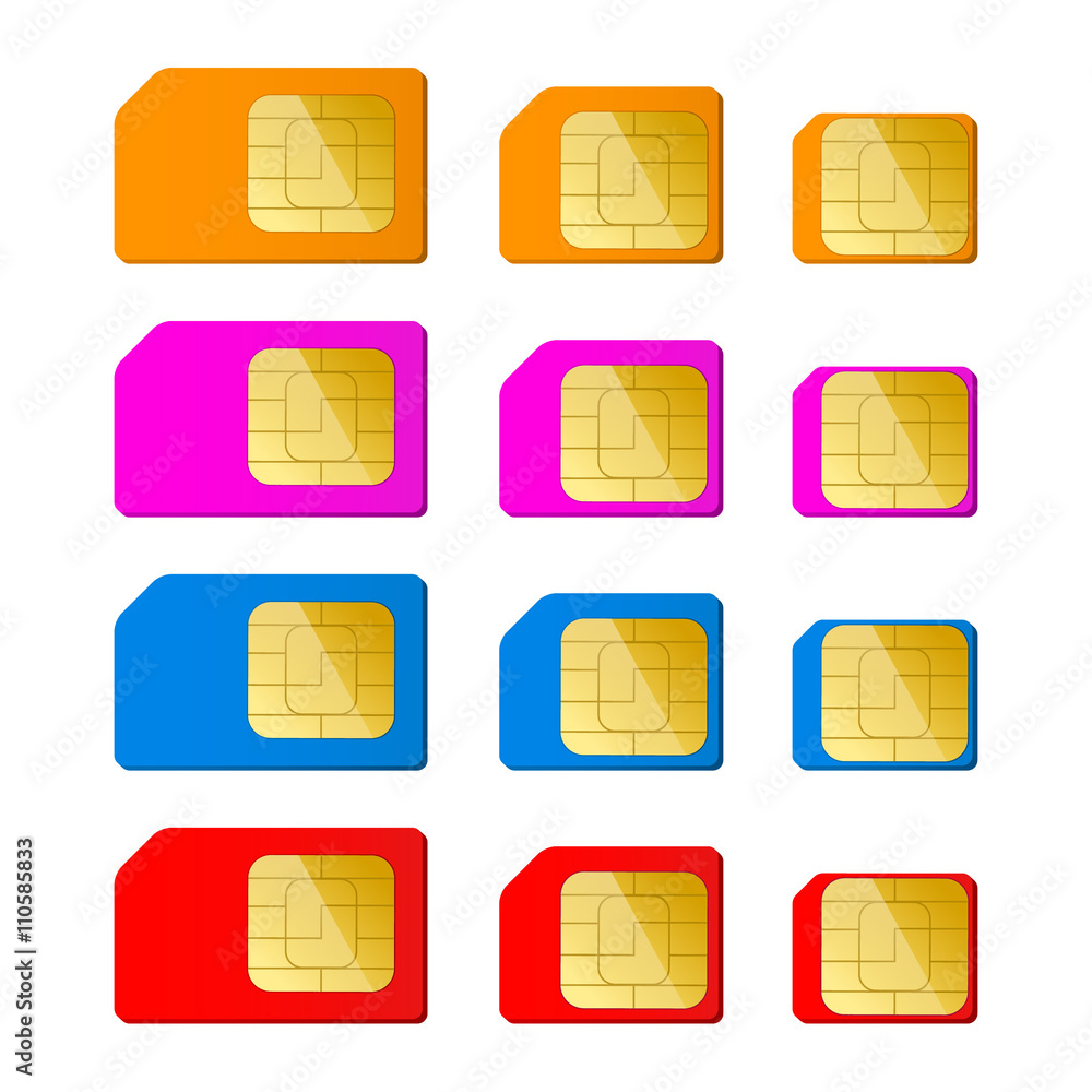 Mini, micro, nano sim card in red, blue, pink, orange color Mini, micro, nano sim card in red, blue, pink, orange color