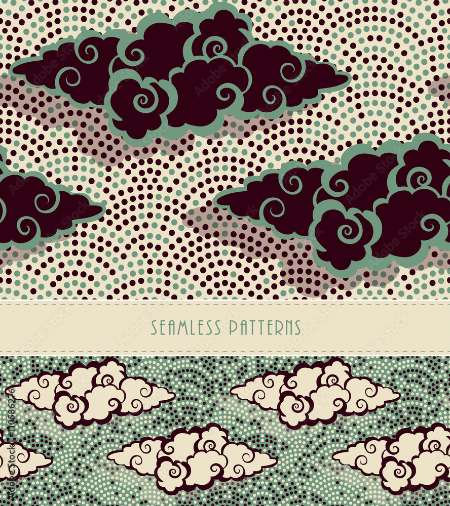 2 japanese style seamless patterns, clouds floating above a dotted background in green
