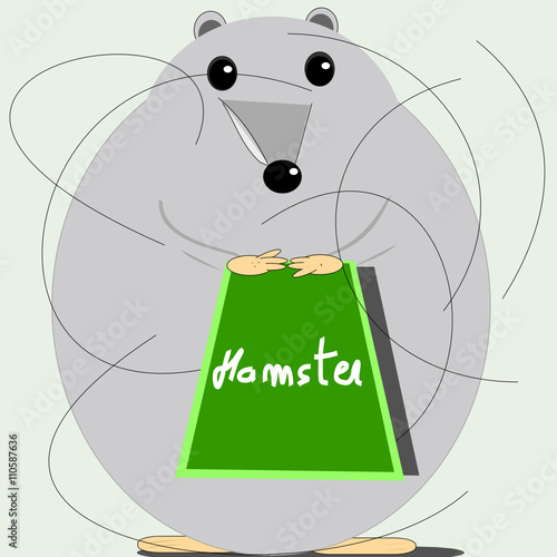 Hamster con pizarra verde con el nombre de hamster.