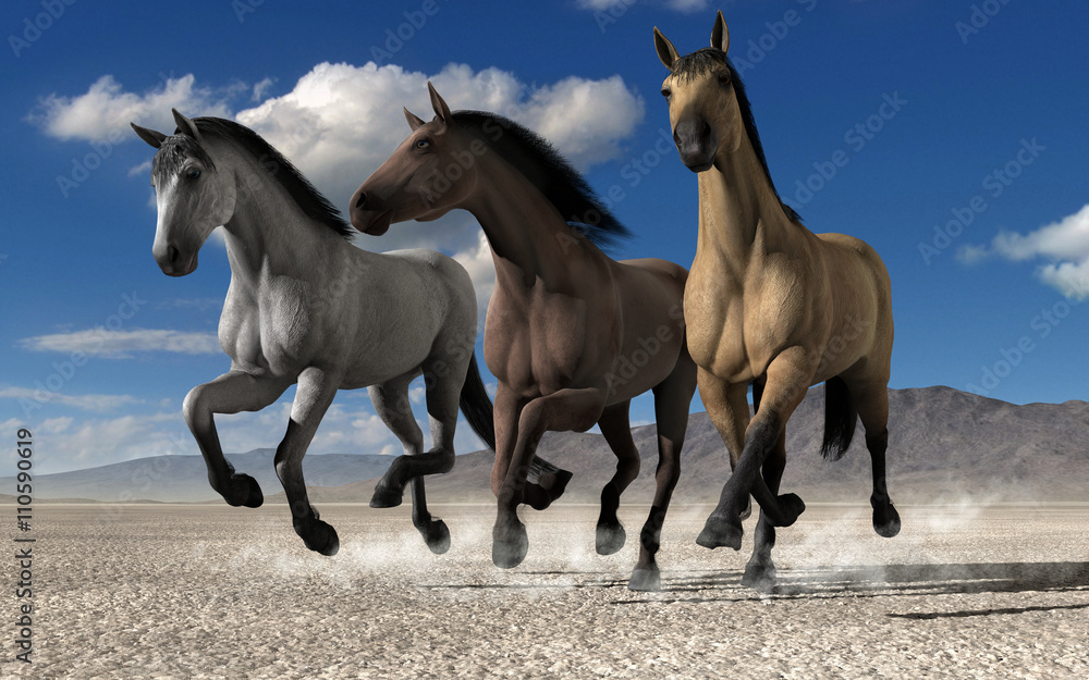 Tree horses running through desert fields. 3d rendering. Tree horses running through desert fields. 3d rendering.