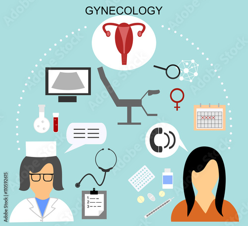 the woman on reception at the gynecologist and medical icons