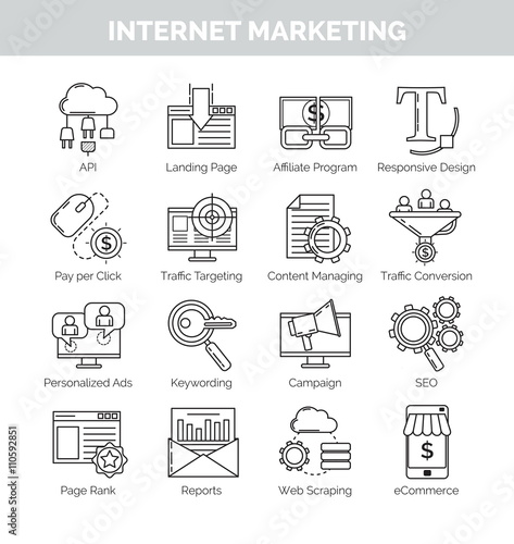 Thin line icons for internet marketing and seo