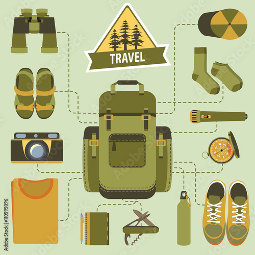 Backpack and hiking equipment.