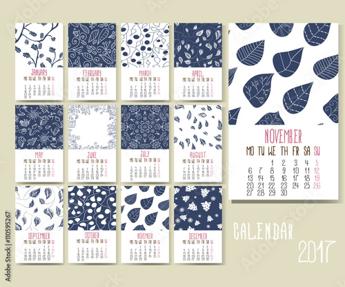 Vector calendar for 2017. Set of 12 months, 12 Doodle patterns.