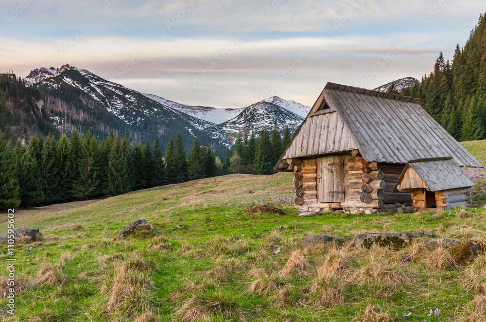 morning with wooden hut in Tatra mountains, Poland