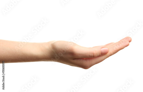 Open palm hand gesture on white background