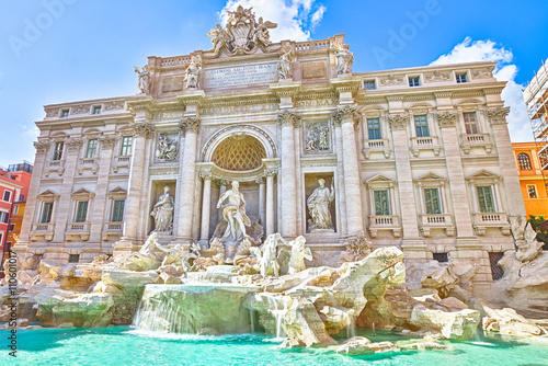 Spectacular Trevi Fountain, designed by Nicola Salvi Baroque era, in a sunny day, one of the most famous fountains in the world, capital of Rome, Lazio, Italy.