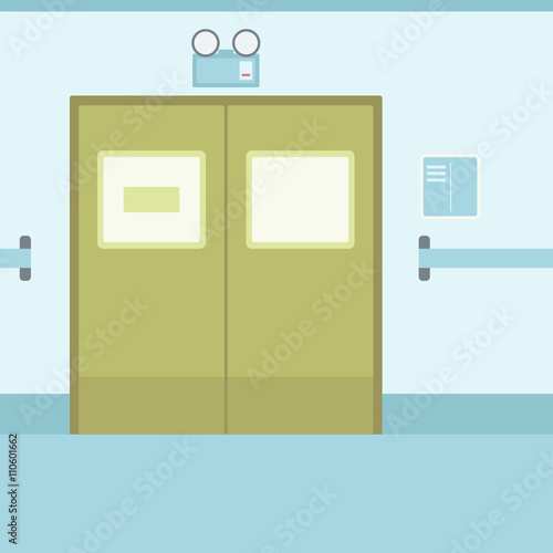 Background of hospital corridor with closed doors.