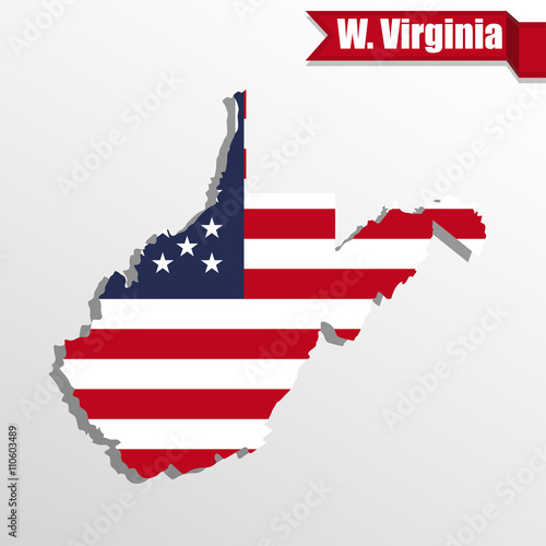 West Virginia State map with US flag inside and ribbon