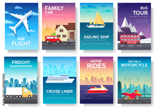 Variations transport of travel vacation tour guide infographic. Cruise, bus, flying on plane, car journey. Vector flyear, invitations, Magazines, cards, presentation, poster, banners 