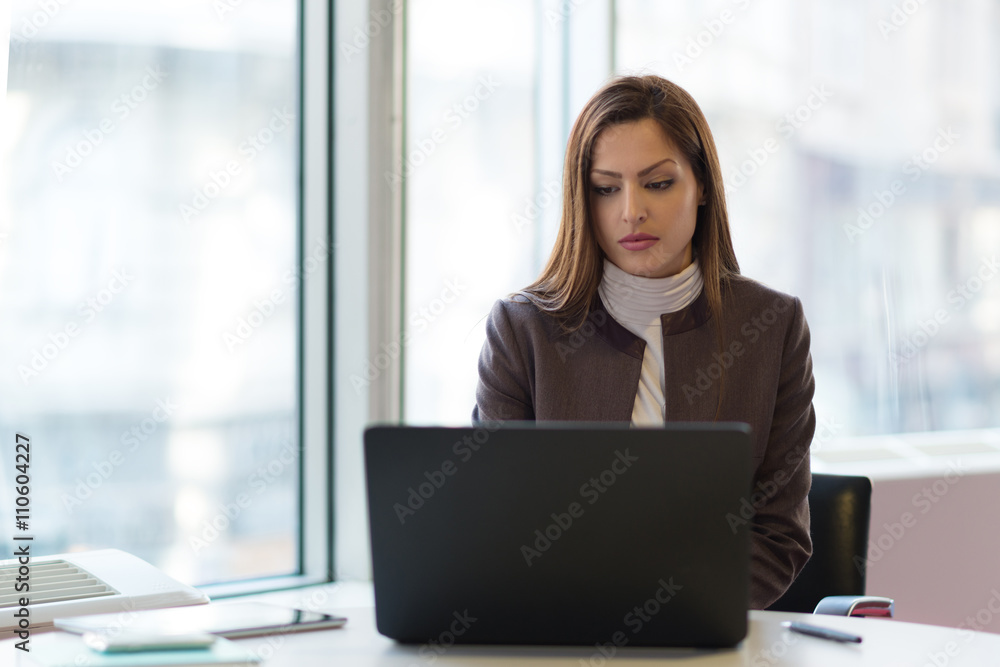 Smiling businesswoman working in her office. Smiling businesswoman working in her office.