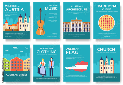 Country Austria travel vacation guide of goods, places and features. Set of architecture, fashion, people, items, nature background concept